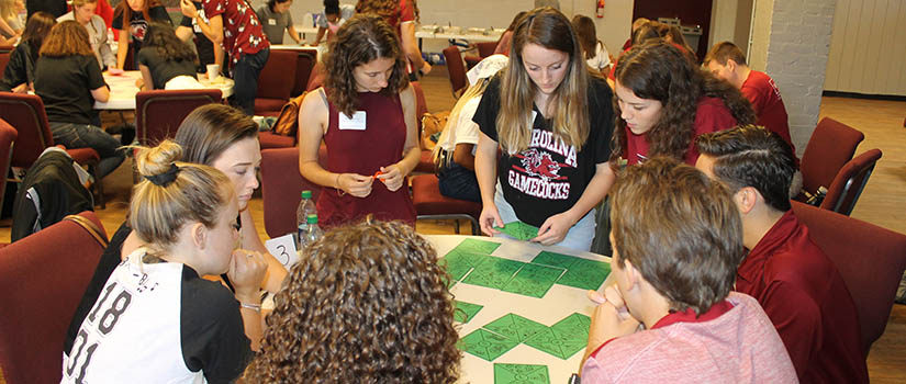 Students participate in a leadership exercise. 
