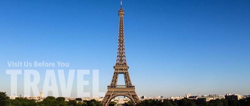 Call us before you travel. The Eiffel Tower in Paris at sunrise.