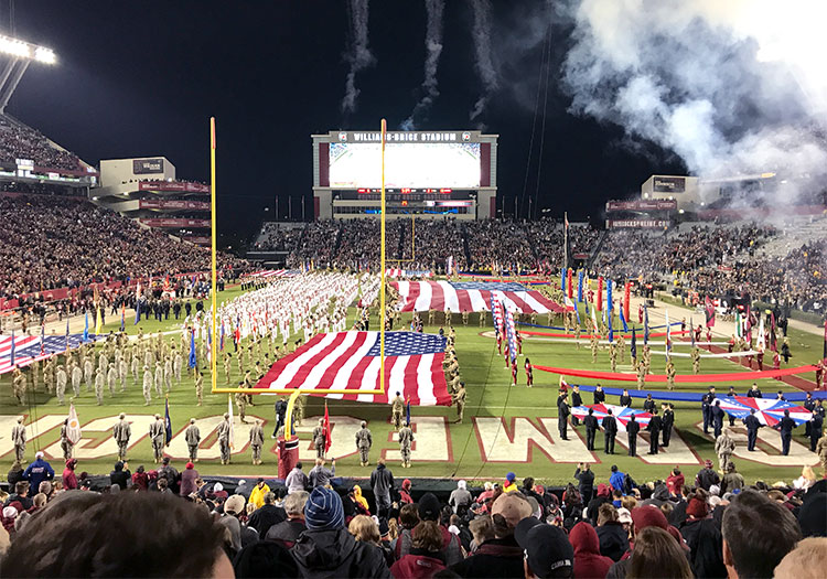 Williams-Brice stadium with band and flags on field.