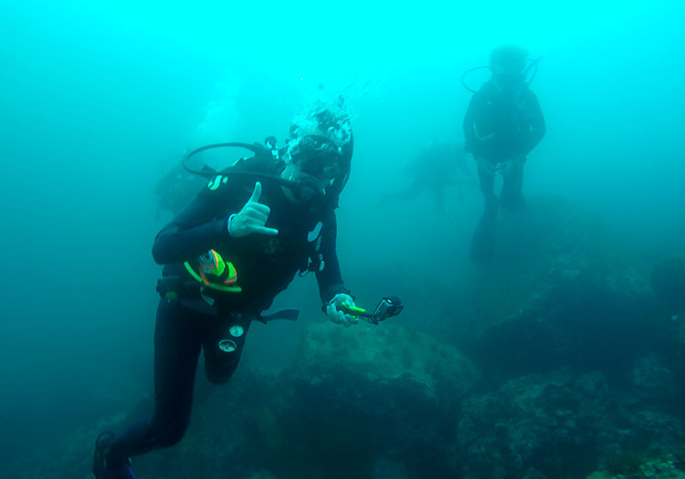 Maymester student William Gosnell scuba diving off the Galapagos Islands.