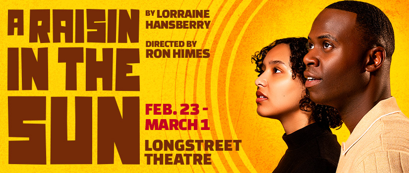 A Raisin in the Sun title on the left against a yellow background, with a Black male and female actor in profile looking left on the right side.