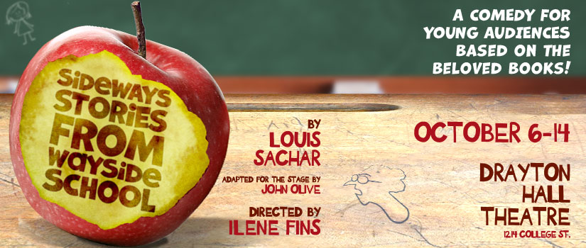 A half-eaten red apple on the left with the words "Sideway Stories from Wayside School" imprinted on the flesh of the apple.  The apple sits on a classroom desk and a chalkboard is in the background. 