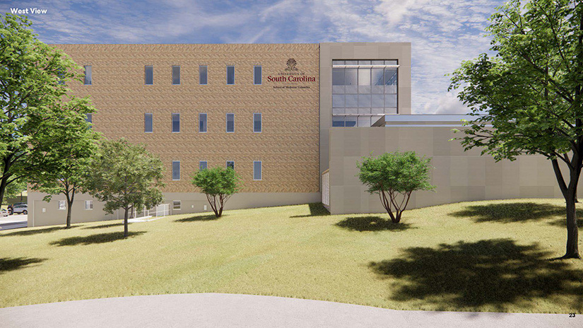 A digital rendering of the future USC Brain Health Center. The large building features a brick and glass facade and a University of South Carolina School of Medicine logo. 