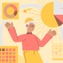 graphic of person with pie charts and data samples