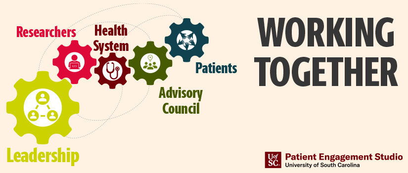 The patient engagement studio is a collaborative effort between patients, leadership, researchers, health systems, and advisory council.