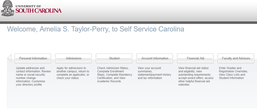 screen shot of Self-Service Carolina user menu