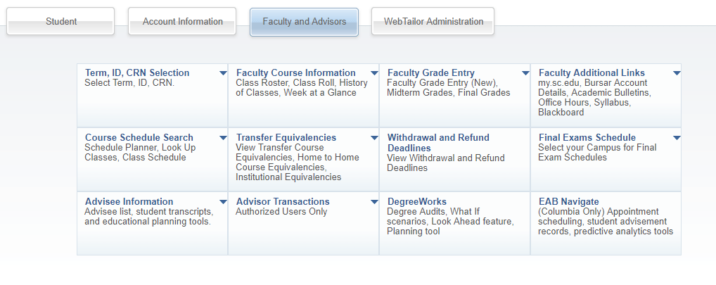 screenshot of faculty and advisors section of ssc