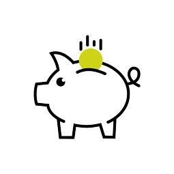 A piggy bank outlined in black with a green coin dropped in the top