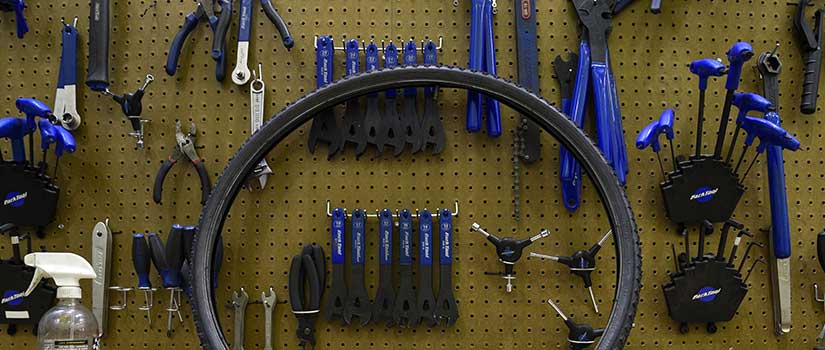 wall of bike repair equipment and materials
