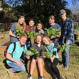several students holding leafy greens and smiling