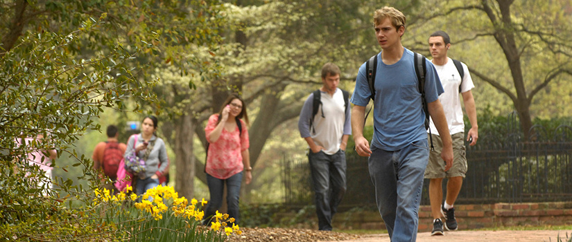 students walking outside on the horseshoe paved path