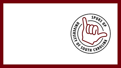 The University of South Carolina Spurs Up stamp on a white background with a garnet border. 