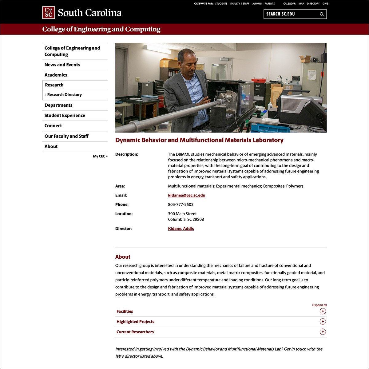 Screenshot of a resource directory detail website page showing the template with a banner image, structured data and an open area with text and an expand and collapse. 