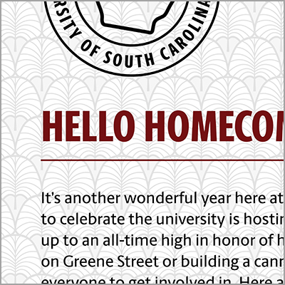 Example of a pattern as the background of a document titled Hello Homecoming that includes other paragraphs and a logo.