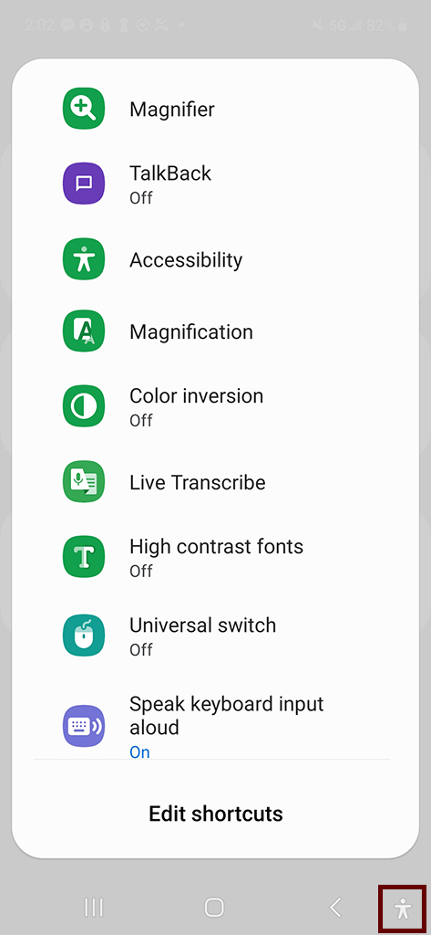 Screenshot of Android Accessibility shortcuts screen that include magnifier, TalkBack, accessibility, magnification, color inversion, live transcribe, high contrast fonts, universal switch, speak keyboard input aloud apps and settings