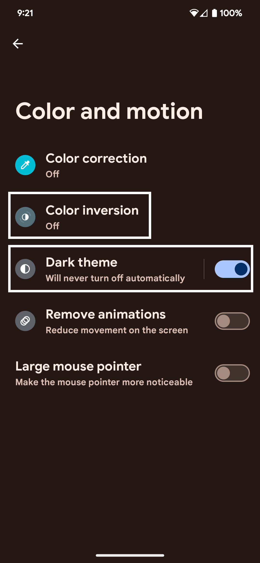 Screenshot of Android Color settings. Dark theme is toggled on and the color inversion setting is emphasized with a white box.