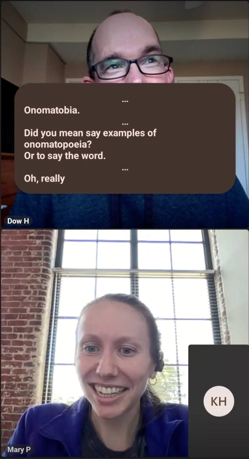 Screenshot of a Teams meeting with Android captions displayed. Captions read Onomatobia, Did you mean to say examples of onomatopeia? Or to say the word. Oh, really.