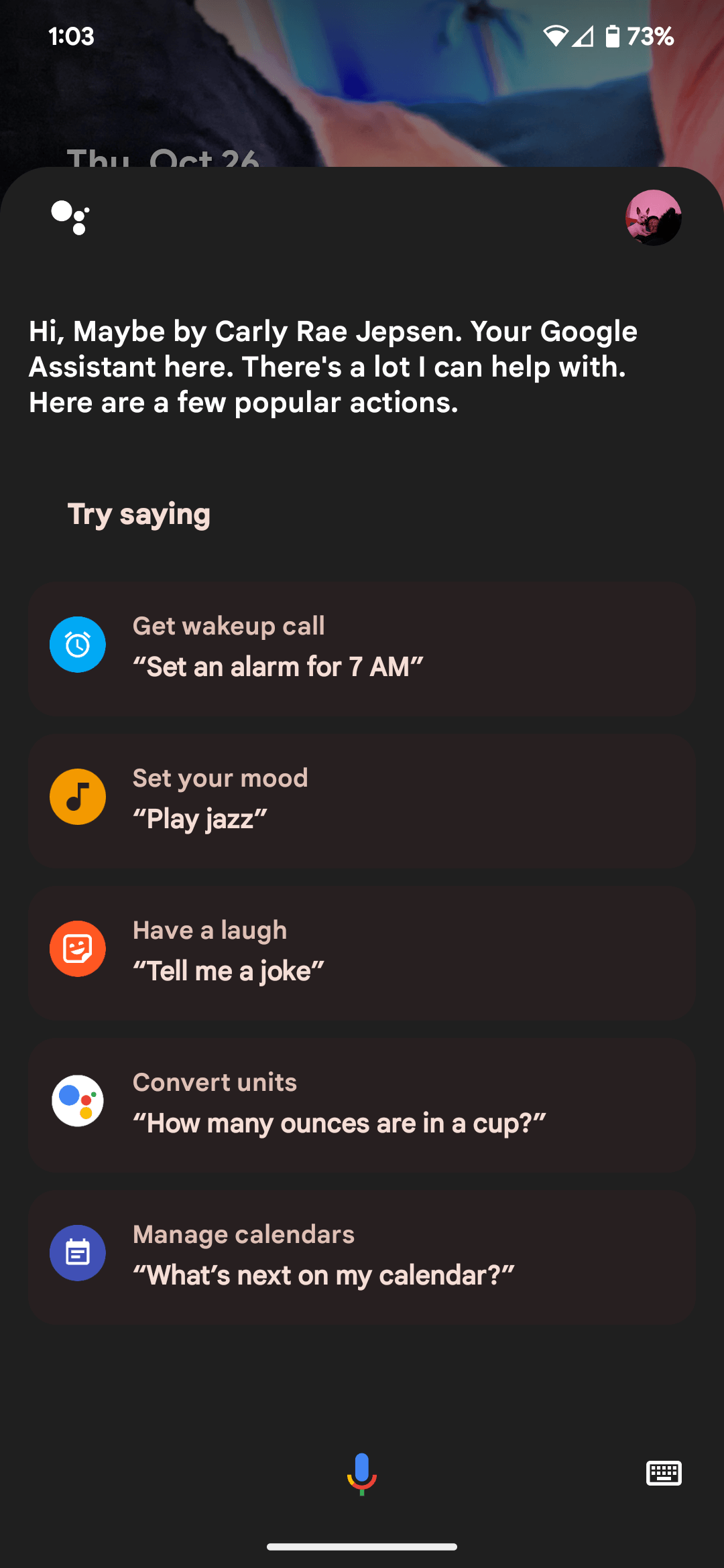 Screenshot of Google Assistant dialog. Try saying Set an alarm for 7 am, Play jazz, Tell me a joke, How many ounces are in a cup?, or What's next on my calendar? 