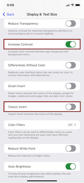 Screenshot of iPhone contrast modes. Increase Contrast setting is toggled on and the Classic Invert setting is emphasized with a garnet box.