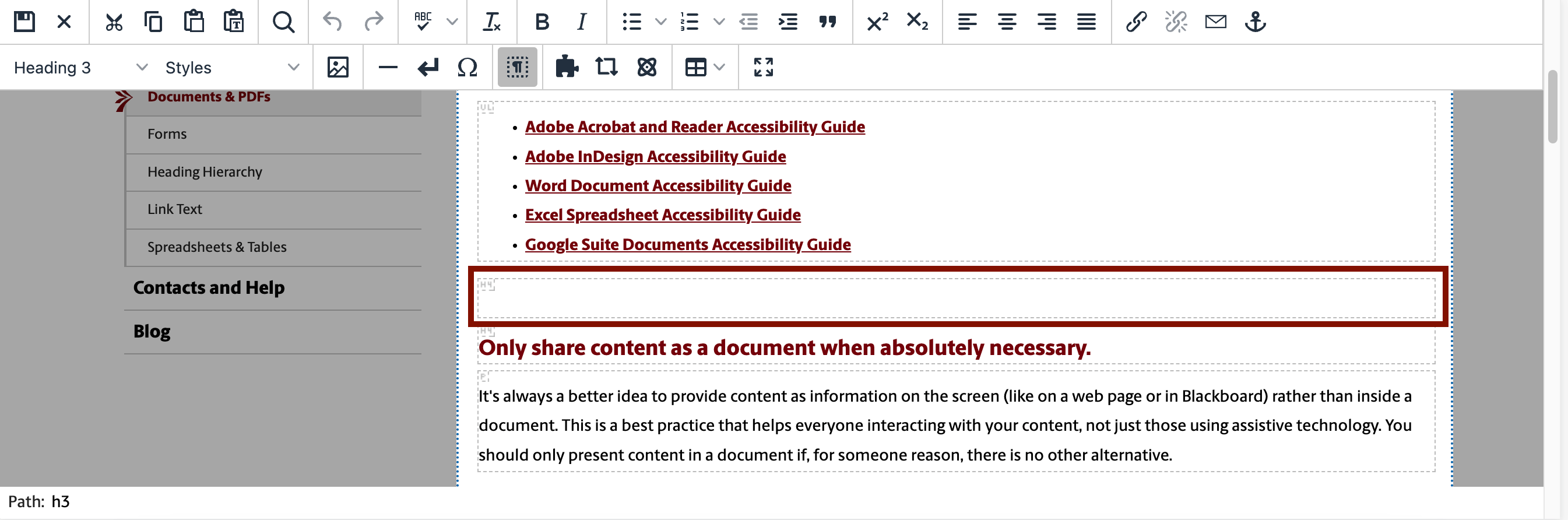 A screenshot of the content editor in the CMS. The show content blocks button is selected in the toolbar. An empty content block labelled with H4 is highlighted with a red box.