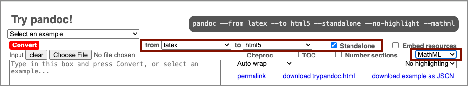 Screenshot of Try pandoc! with the following options selected: latex, html5, Standalone, and MathML.