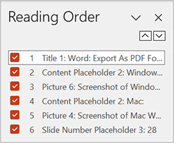 Screenshot of reading order pane listing multiple placeholders in this order: title 1, content placeholder 2, picture 6, content placeholder 2, picture 4, slide number placeholder.