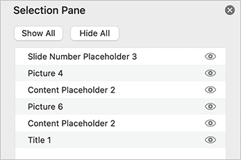 Screenshot of selection pane listing multiple objects in this order: slide number placeholder 3, picture 4, content placeholder 2, picture 6, content placeholder 2, title 1. Title 1 is at the bottom of the list.