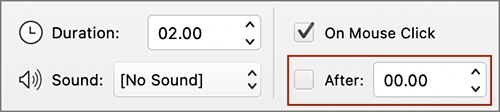 Screenshot of the Transition settings in PowerPoint. The checkbox is selected for On Mouse Click and unselected for After. 