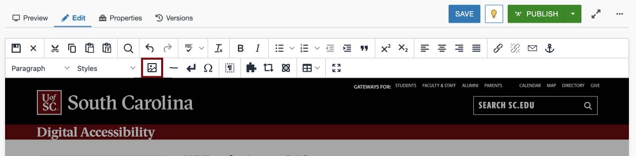 The edit toolbar for an Omni CMS page. The insert/edit image icon is marked with a garnet rectangle for emphasis.