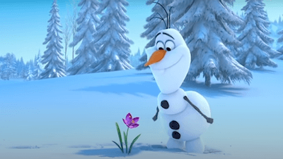 Video thumbnail of Frozen trailer, with a snowman smiling at a purple flower.