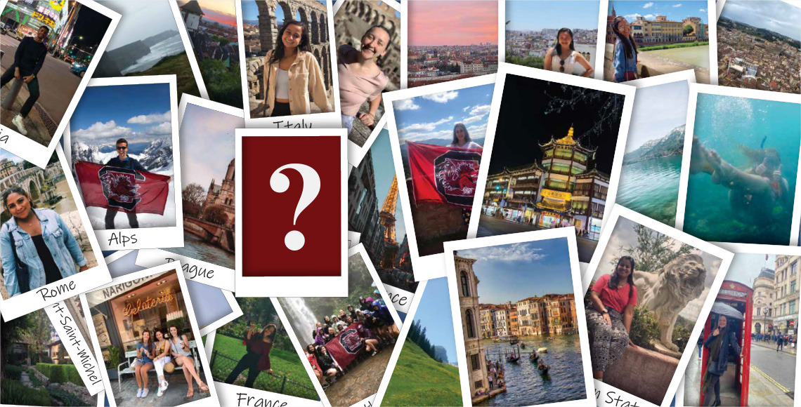 multiple pictures of different students abroad and a question mark