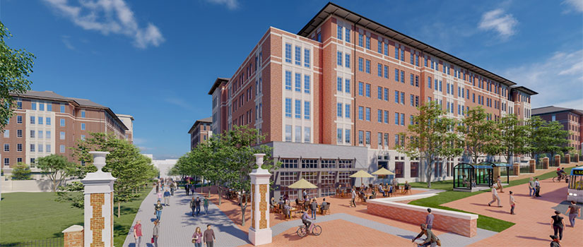 Rendering of Campus Village from the main entrance off Whaley St.