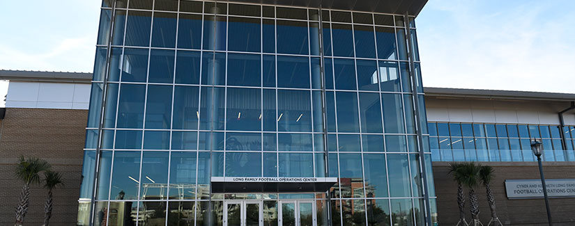 Long Family Football Operations Center glass front doors