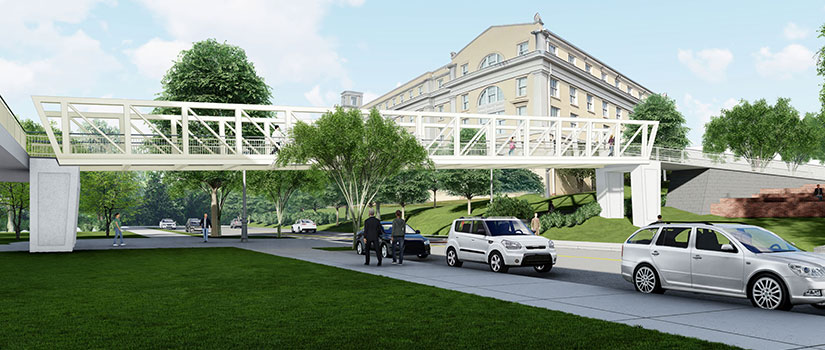 Rendering of the new pedestrian bridge spanning Wheat Street with South Quad in the background