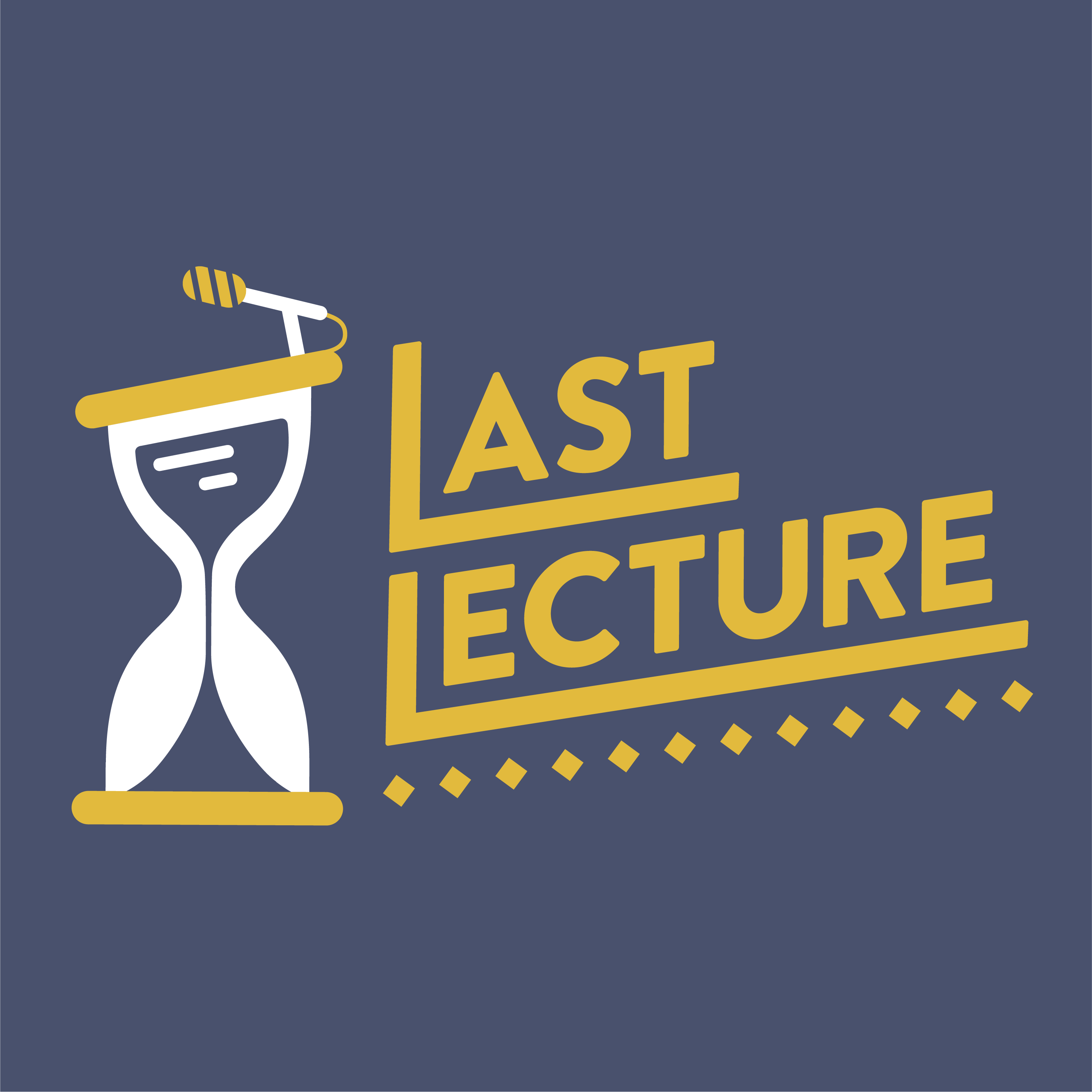A logo for the Last Lecture Podcast, featuring a microphone on top of a podium shaped like an hour glass