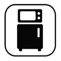 Black and white icon of a microwave on top of a refrigerator, representing a microfridge unit.