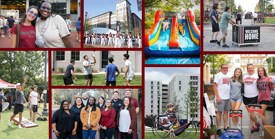 grid images of campus life around usc, students posing, students playing cornhole, band playing in front of campus village, staff members posing, parents and students at move-in, move-in cart, students going down a slide, students playing outdoors