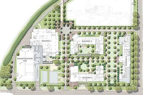 An artist rendition of four new residence halls.  Buildings are flanked by walk ways and trees.