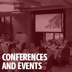 A banquet event, with garnet overlay and "conference center" text