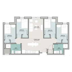 An overhead drawing of a sample 650 Lincoln apartment floor plan. In the bottom left and right corners are bathrooms with four bedrooms above them. In the center of the floor plan is a living area with furniture and a common area with kitchen appliances.  