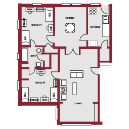 A floor plan of a sample 820 Henderson residence hall room. Two bedrooms with a bathroom in between are on the left side of the floor plan. In the top middle of the plan is a dining room. A kitchen is to the righ and living room makes up the remainder of the floor plan. 