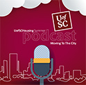 Garnet box with clouds at the bottom, microphone and UofSC logo with a city skyline in the background.