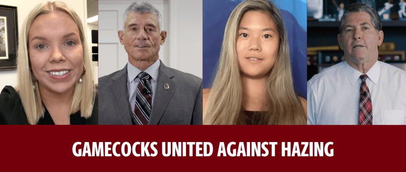 Four faces featured in the embedded video are framed above bold text that reads: "Gamecocks United against Hazing" in all caps.