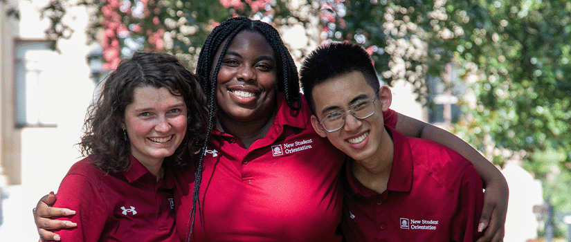 Orientation Leaders smiling and posing for a photo on the Horseshoe