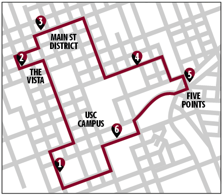 Map showing Night Service Transit stop locations against a simplified street map of Downtown Columbia