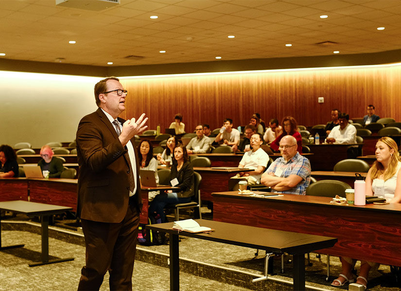 Vice President for Research Julius Fridriksson addresses the 2023-2024 Propel Cohort at a training session in the Fall of 2023. 