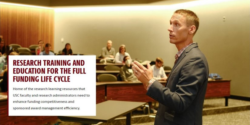 Decorative image of the Research Training and Education Services homepage banner, which features USC Professor Michael Beets addressing a Propel Research Mentorship Program workshop.