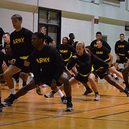 ROTC cadets in physical training in gym