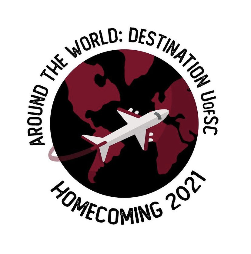 A graphic showing the world and a plane is seen with the text that reads: Homecoming 2021 Around the World: Destination UofSC