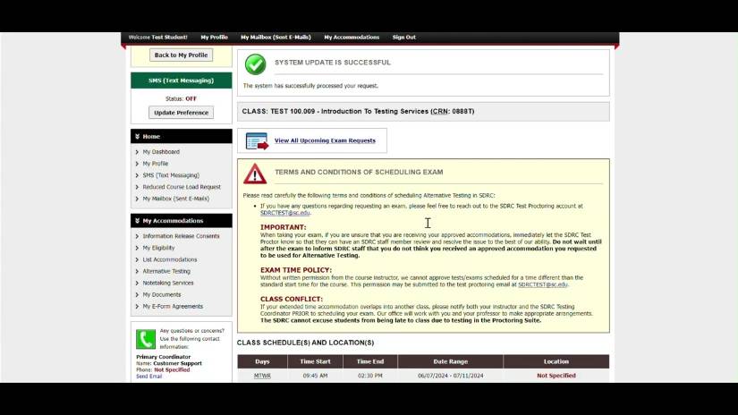 Screenshot from the video showing a successfully submitted exam request in the Student AIM portal